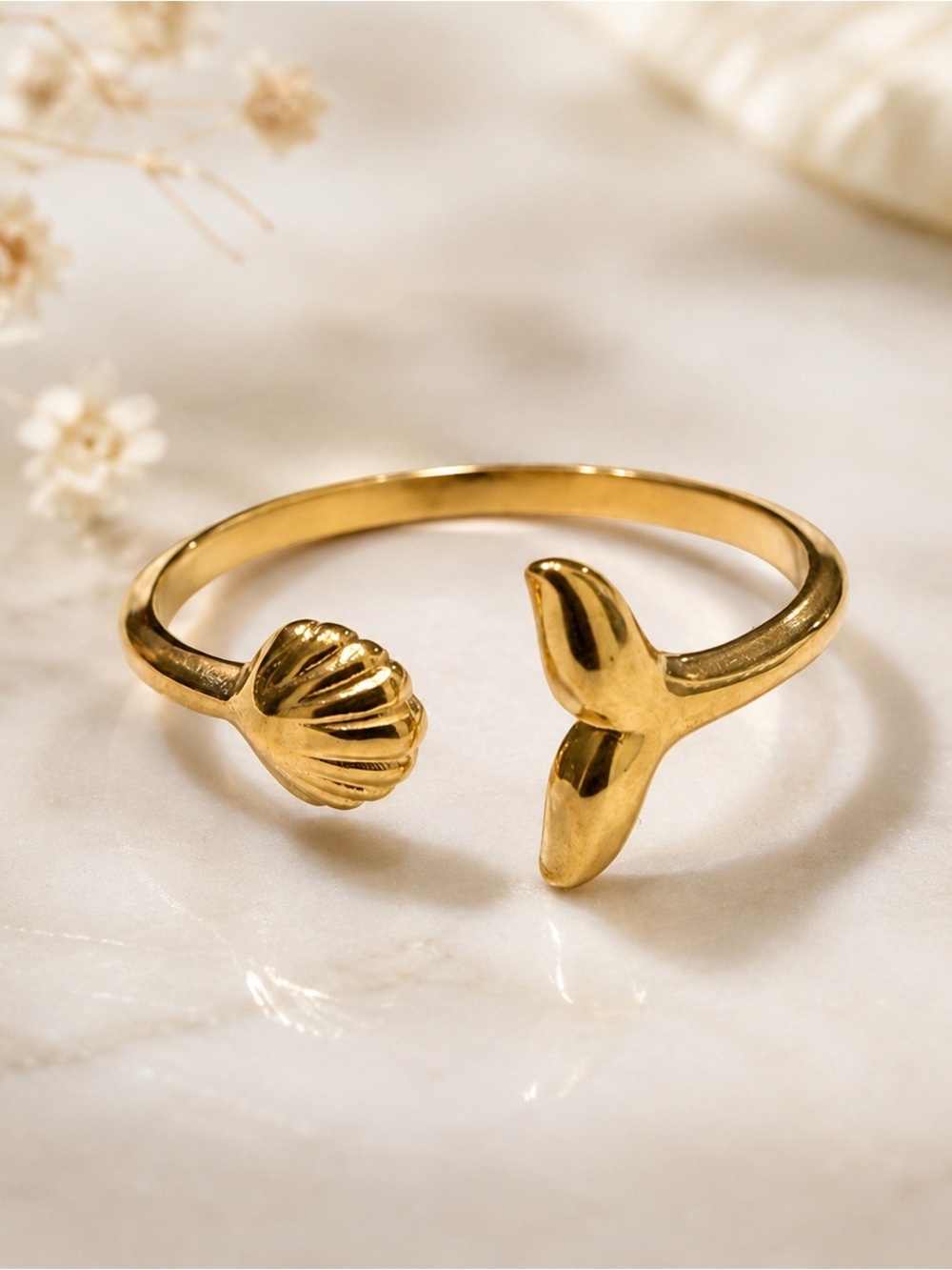 Gold Plated Open Cuff Ring with Shell and Whale Tail Accents Size 6 Adjustable